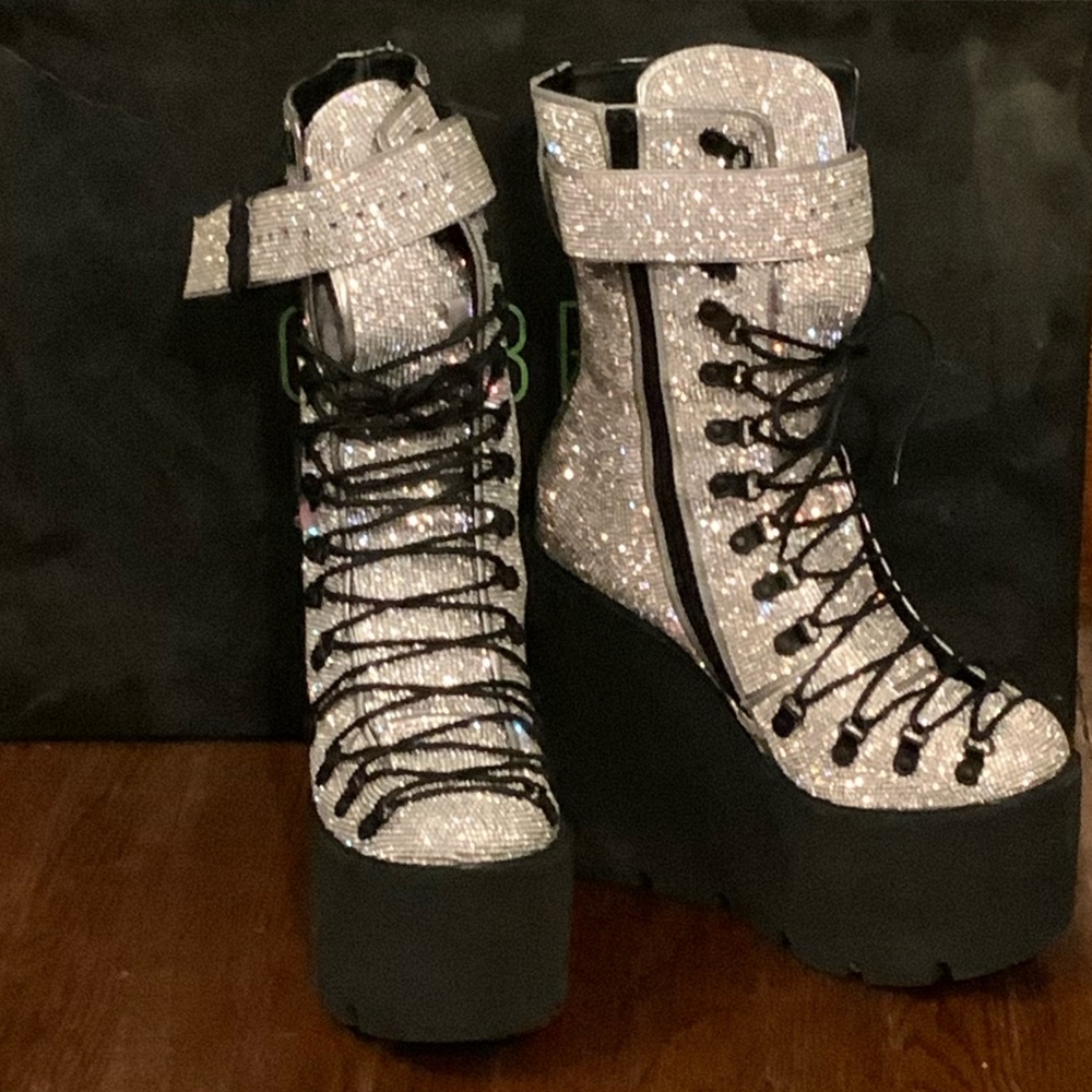 Dolls Kill rhinestone silver platform boots